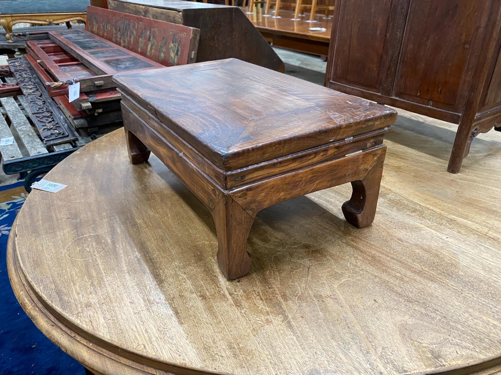 A Chinese elm Kang table, with side drawer, width 52cm depth 31cm height 21cm